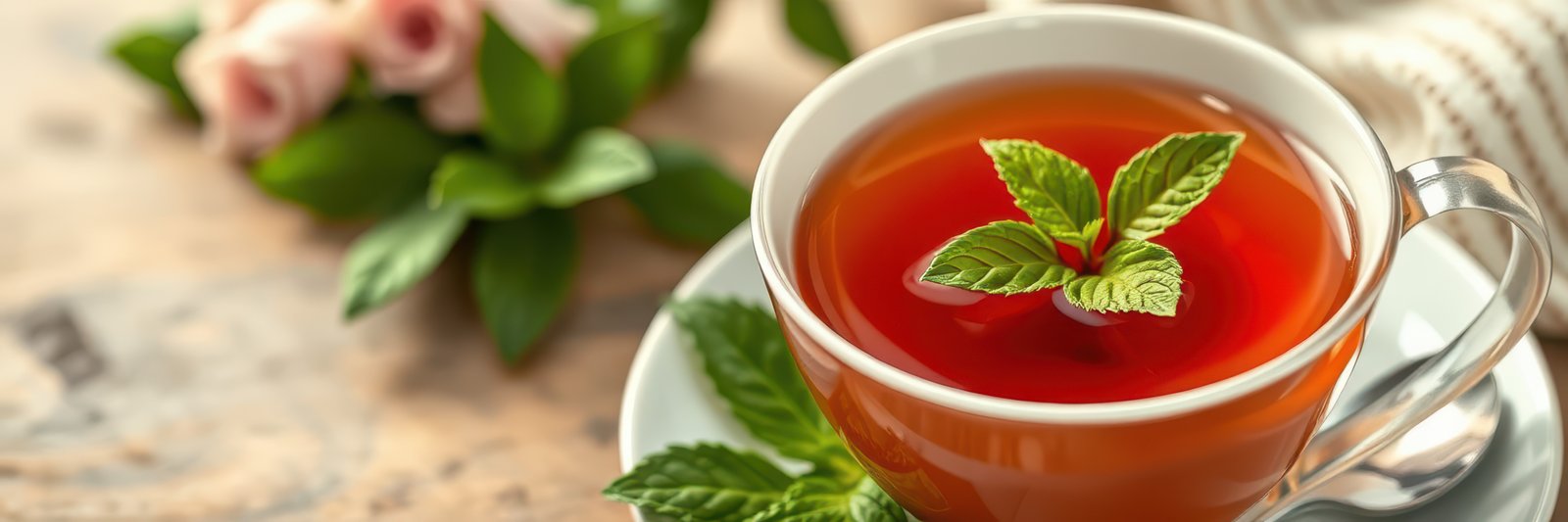 Fresh mint tea served in a clear cup on a wooden table with rose flowers in the background